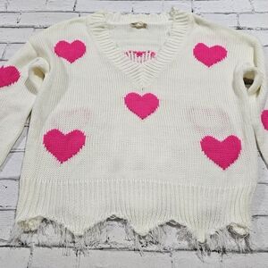 Women's Heart Pattern Sweater-Light Cream and Pink